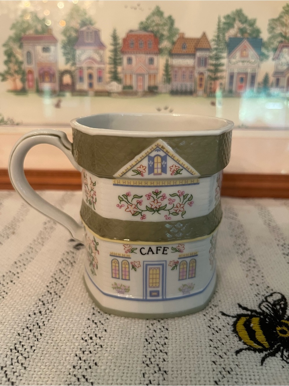 LENOX Village Cafe Decorative Porcelain Mug in Green, Vintage 1990s